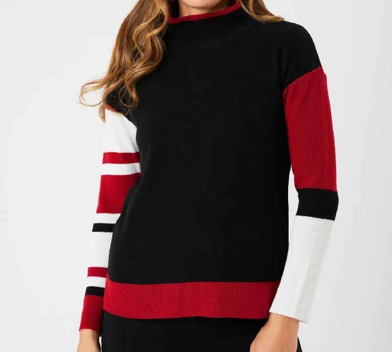 Women's Running Pullovers-Stripe Sleeve Mock Neck Sweater In Black/red