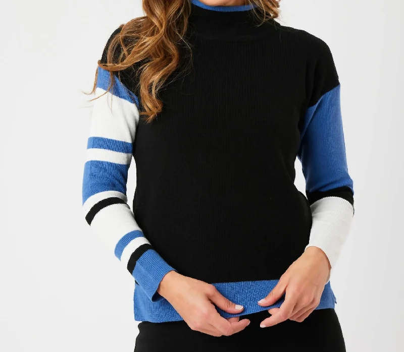 Women's Satin Floral Pullovers-Stripe Sleeve Mock Neck Sweater In Black/denim