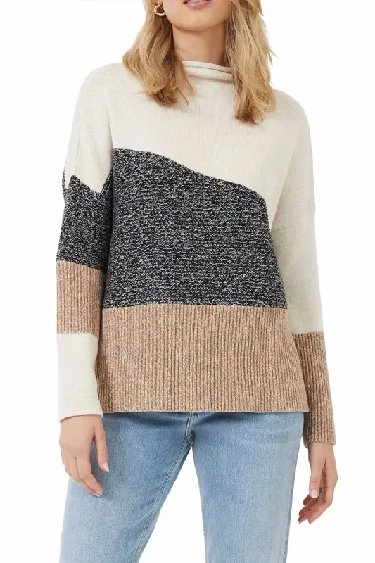 Women's Slit Pencil Pullovers-Lotty Color Block Knit Patch Sweater Top In Black