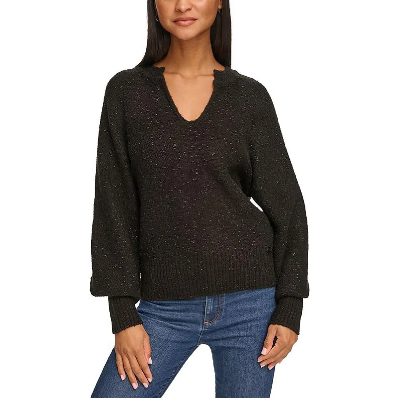 Women's Button-Front Floral Pullovers-Womens Metallic Split-Neck Pullover Sweater