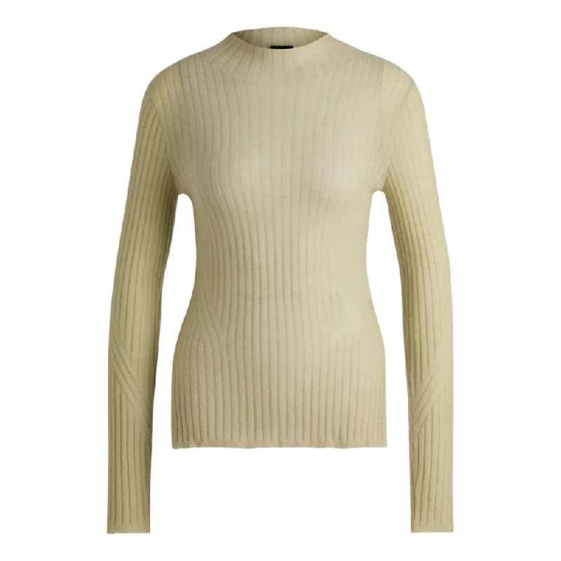 Women's Ribbed Pleated Pullovers-Wool-blend slim-fit sweater with side slits