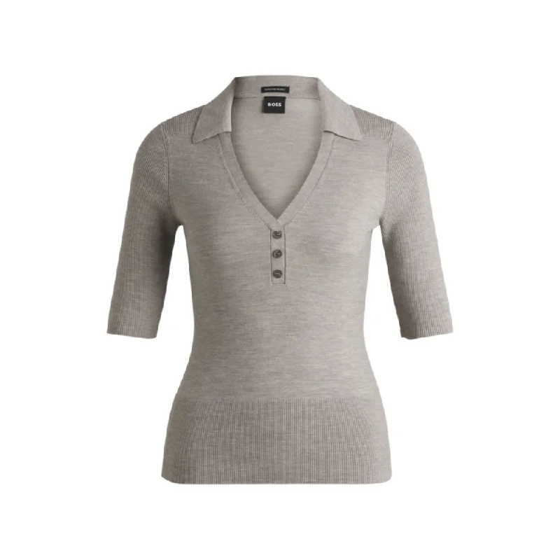 Women's Running Pullovers-Short-sleeved knit polo in wool-blend