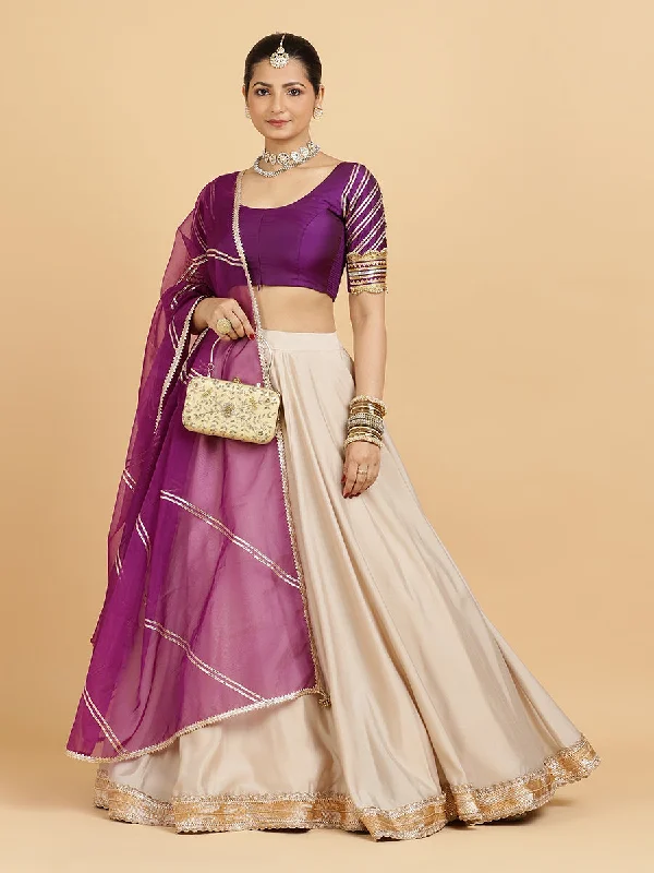 Zainab Anisha 4-Pc Lehenga Set x Tyohaar | Oyster Grey Lehenga, Purple Blouse with Falak Purple Dupatta and Cancan Skirt