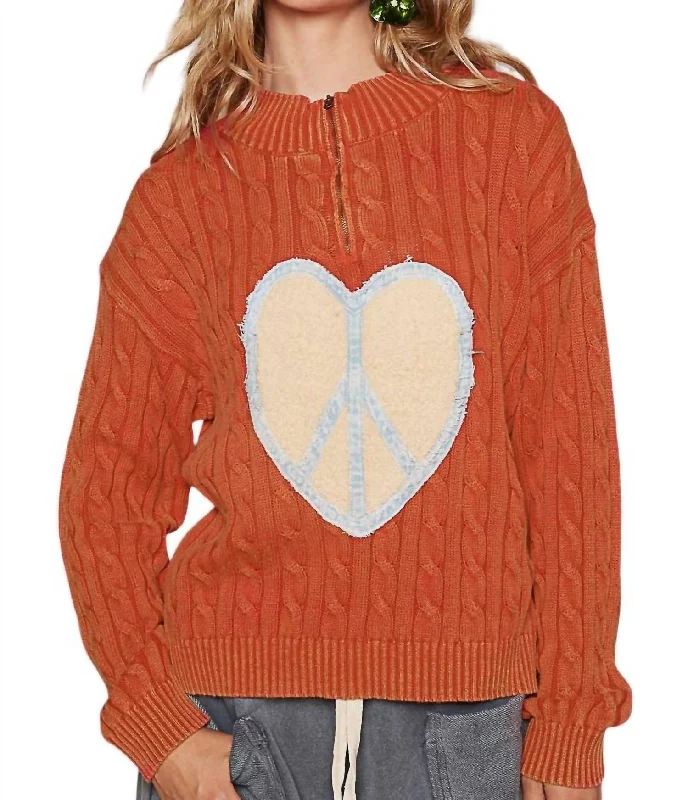 Women's Zip-Up Pencil Pullovers-Peaceful Heart Sweater In Apple Red