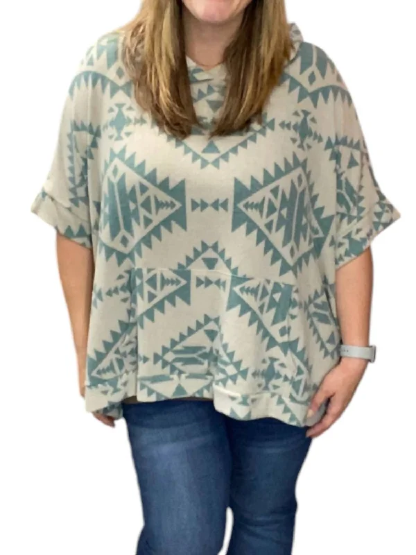 Women's Everyday Pullovers-Aztec Hoodie Poncho In Teal