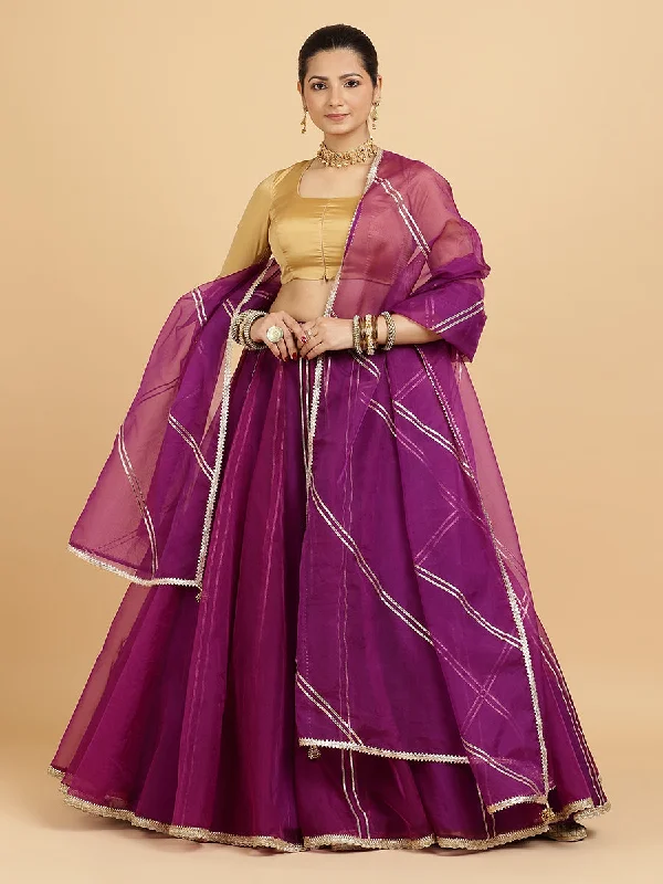 Heer Aziza 4-Pc Lehenga Set x Tyohaar | Purple Lehenga, Gold Blouse with Falak Purple Dupatta and Cancan Skirt