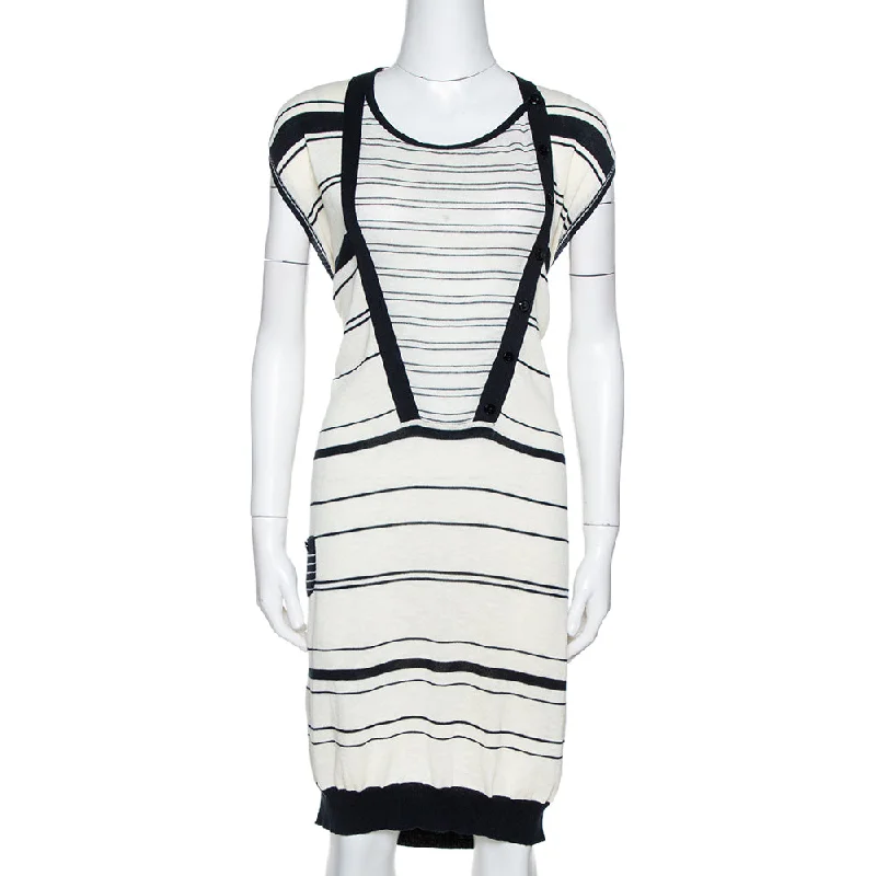 Women's High-Waisted Pencil Pullovers-Kenzo Off White & Navy Striped Cotton Knit Sweater Dress