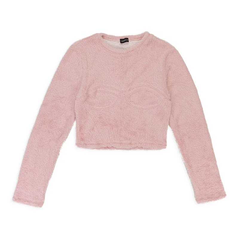 Women's Loose Fit Pullovers-CALLIPYGIAN TEXTURED BUSTIER PINK LONG SLEEVE T-SHIRT