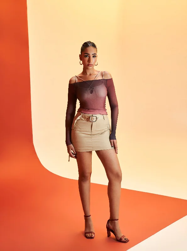 Oliana Ombre Power Mesh Top and Mini Cargo Skirt Set with Coordinating Bodysuit