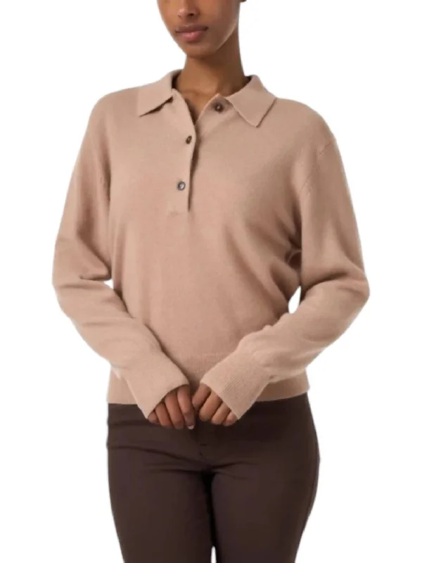 Women's Tulle Pleated Pullovers-Cashmere Polo Sweater In Camel