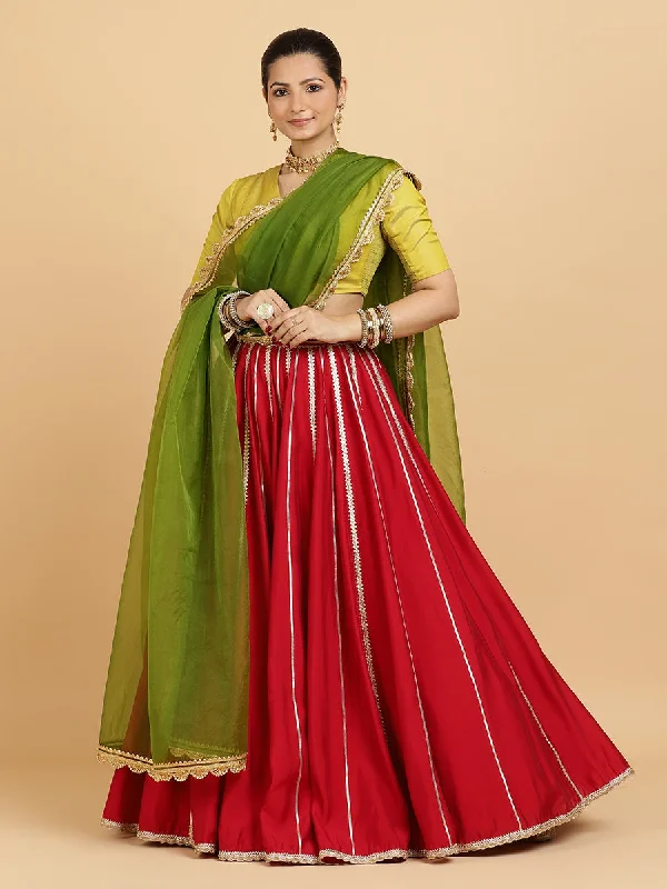 Madhuri Begum 4-Pc Lehenga Set x Tyohaar | Red Lehenga, Lemon Yellow Blouse with Heena Olive Green Dupatta and Cancan Skirt