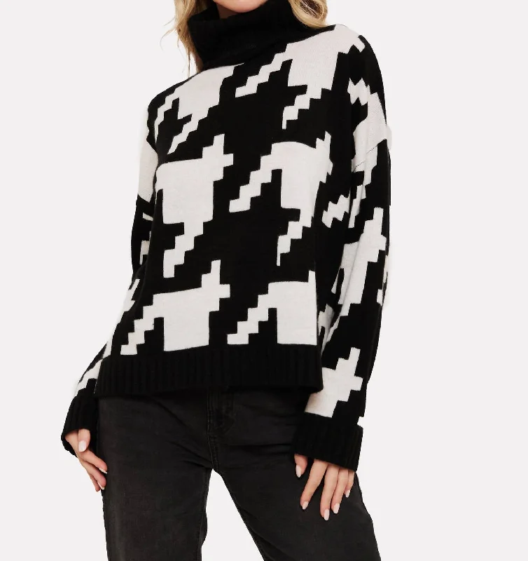 Women's Everyday Pullovers-Hayley Houndstooth Roll Neck Sweater In Black/white