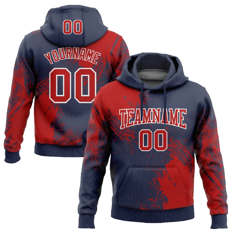 Women's Raw Edge Hoodies-Custom Stitched Navy Red-White 3D Pattern Design Abstract Brush Stroke Sports Pullover Sweatshirt Hoodie