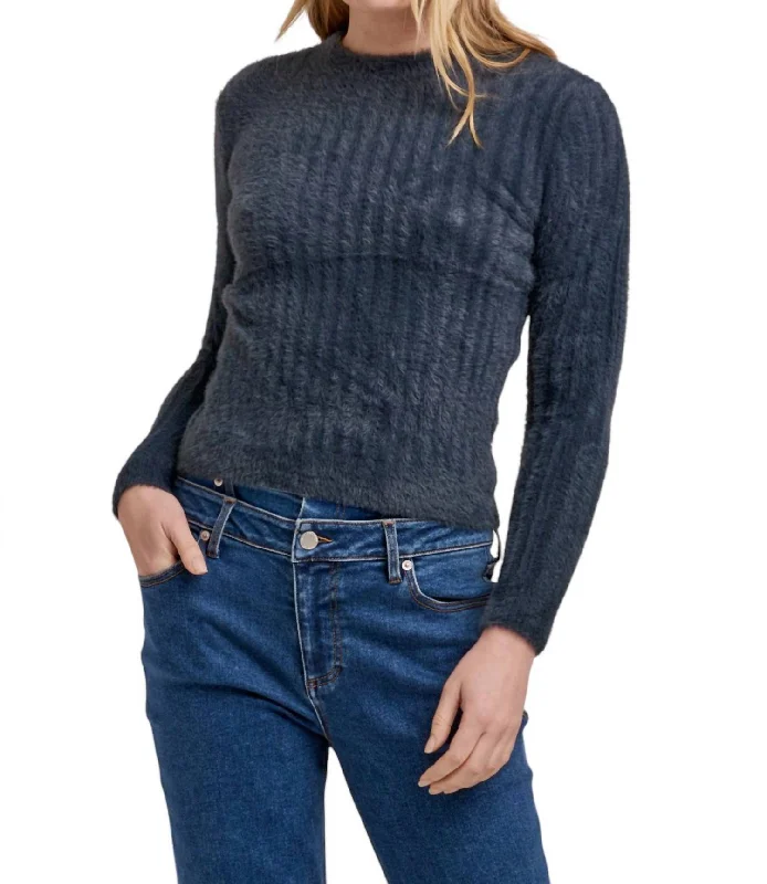 Women's Ribbed Ruffle Pullovers-Carrey Mid Neck Long Sleeve Sweater In Graphite