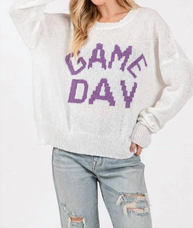 Women's Comfortable Pullovers-Game Day Sweater In Purple/white