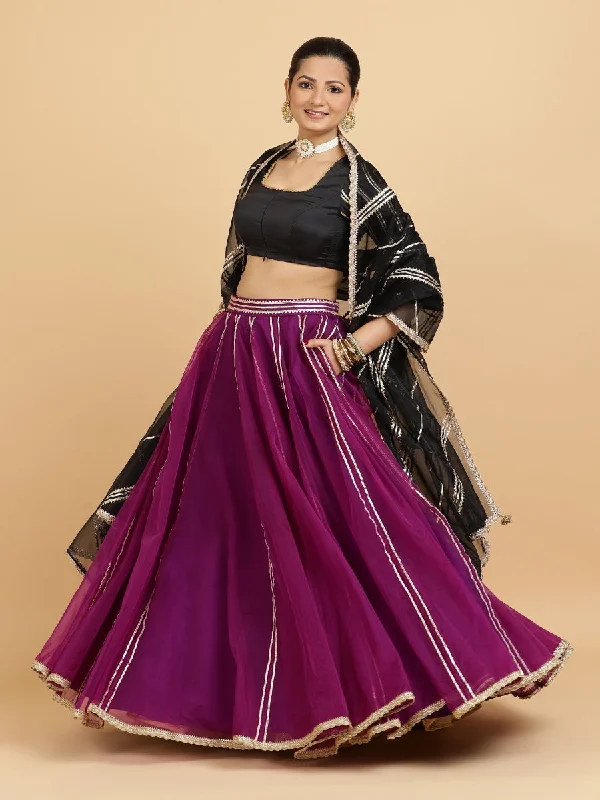 Heer Aziza 4-Pc Lehenga Set x Tyohaar | Purple Lehenga, Charcoal Black Blouse with Chandni Black Dupatta and Cancan Skirt