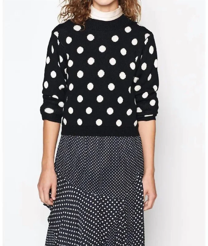 Women's Fleece Pullovers-Brettina B Polka Dot Wool Crew Neck Sweater In Black, White