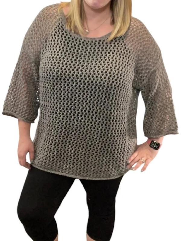 Women's Fringe Pleated Pullovers-Open Weave Castlerock Sweater In Grey