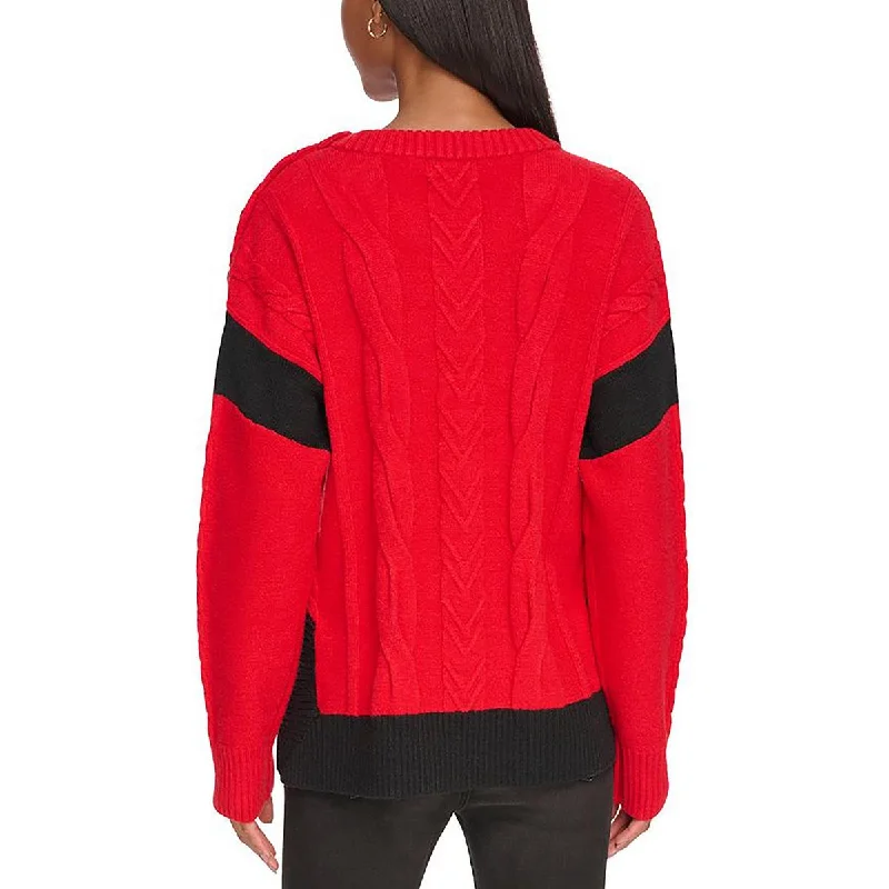 Women's Glitter Pencil Pullovers-Womens Cable Knit Colorblock Pullover Sweater