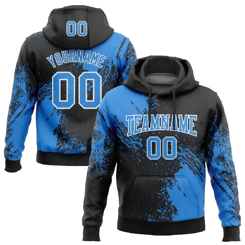 Women's Sequin Hoodies-Custom Stitched Black Powder Blue-White 3D Pattern Design Abstract Brush Stroke Sports Pullover Sweatshirt Hoodie