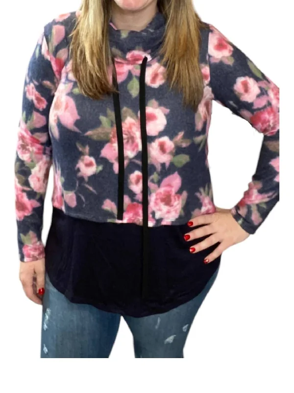 Women's Crew Neck Pullovers-Floral Cowlneck Sweater In Navy/pink