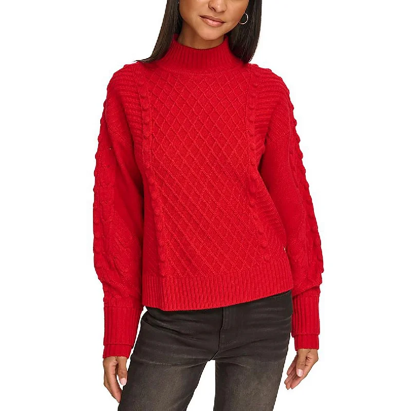 Women's Button-Front Pleated Pullovers-Womens Mock-Neck Cable Knit Pullover Sweater