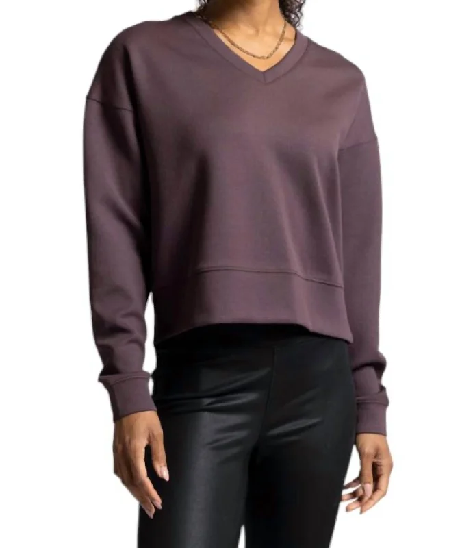 Women's Zip-Up Ruffle Pullovers-Martina V-Neck Pullover In Raisin Rib