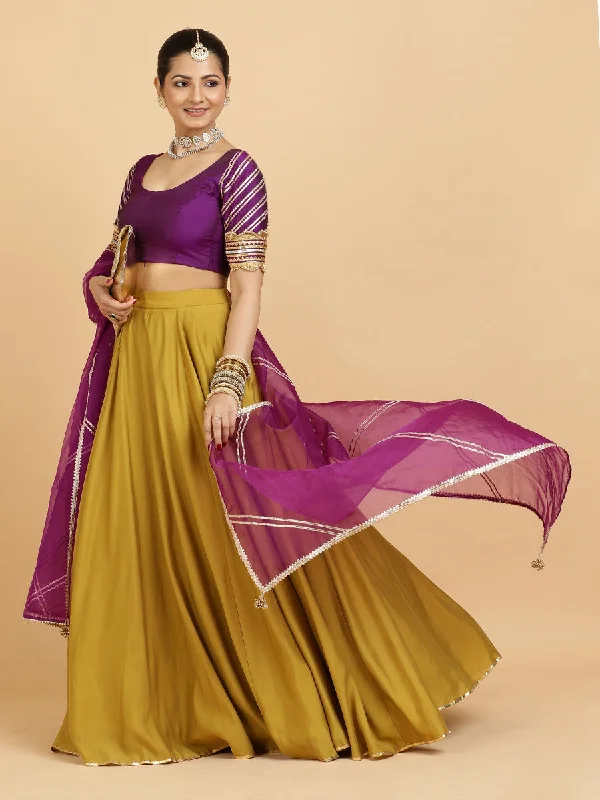 Jhalak Anisha 4-Pc Lehenga Set x Tyohaar | Mustard Lehenga, Purple Blouse with Falak Purple Dupatta and Cancan Skirt