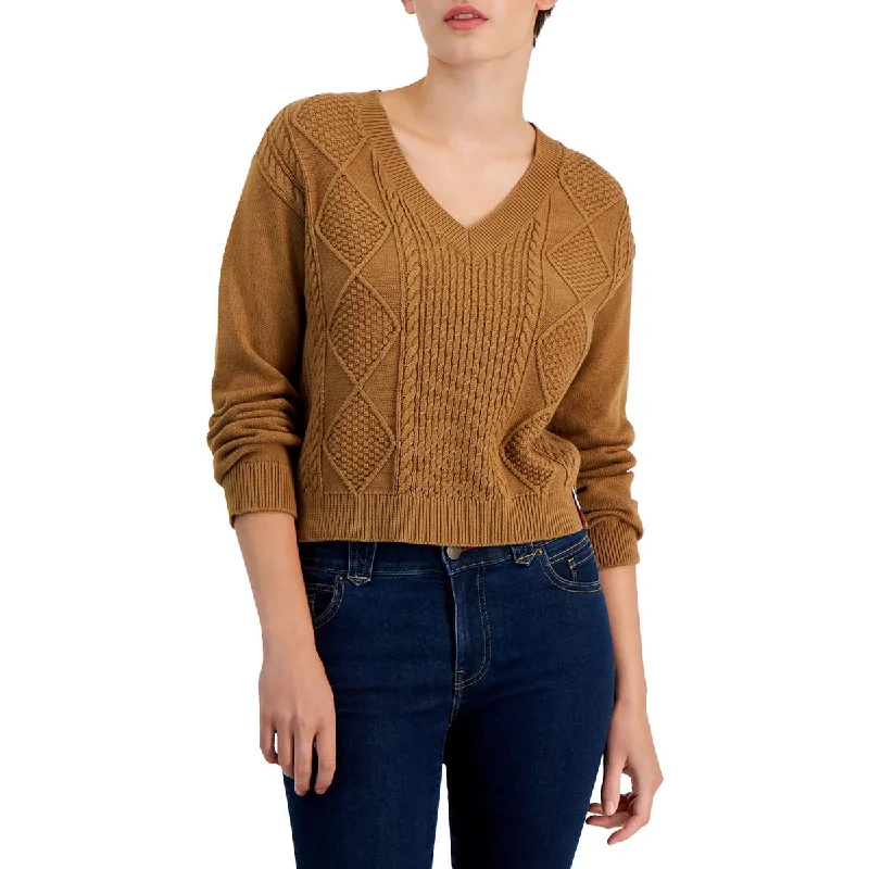 Women's Textured Pleated Pullovers-Womens Cable Knit V-neck Pullover Sweater