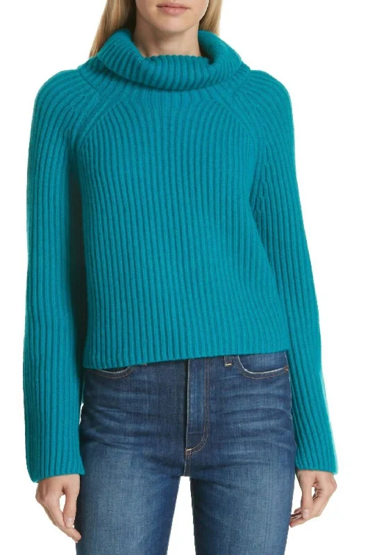 Women's Fleece Ruffle Pullovers-Ribbed Cashmere Turtleneck Pullover Sweater In Teal