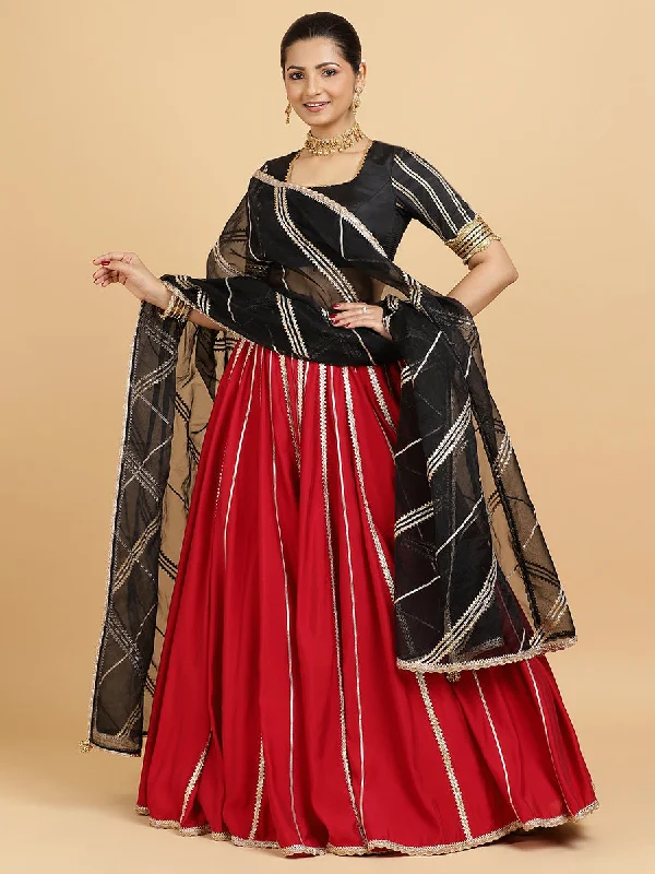 Madhuri Aziza 4-Pc Lehenga Set x Tyohaar | Red Lehenga, Charcoal Black Blouse with Chandni Black Dupatta and Cancan Skirt