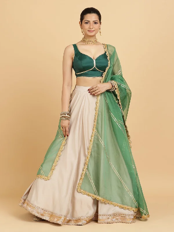 Zainab Ishika 4-Pc Lehenga Set x Tyohaar | Oyster Grey Lehenga, Bottle Green Blouse with Panna Emerald Green Dupatta and Cancan Skirt