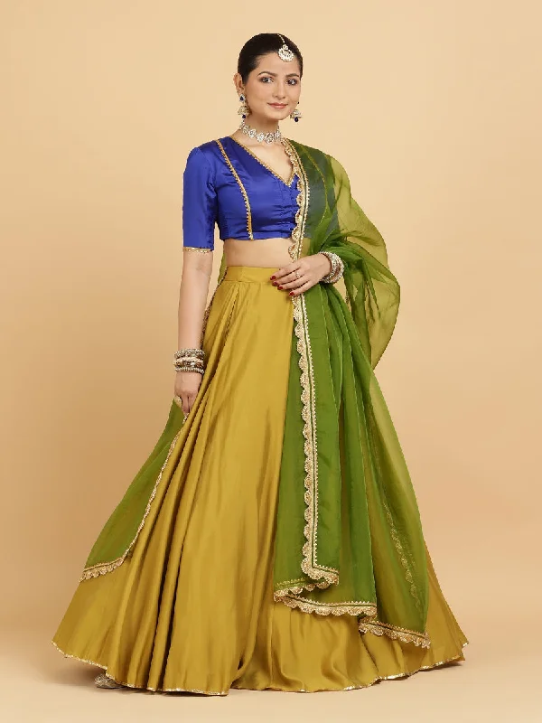 Jhalak Begum 4-Pc Lehenga Set x Tyohaar | Mustard Lehenga, Cobalt Blue Blouse with Heena Olive Green Dupatta and Cancan Skirt