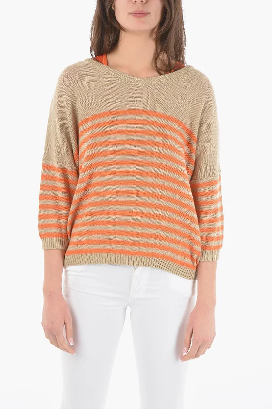 Women's High-Waisted Floral Pullovers-Woolrich Two-Tone Awining Striped V-Neck Sweater