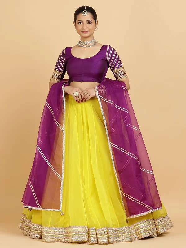 Farah Anisha 4-Pc Lehenga Set x Tyohaar | Lemon Yellow Lehenga, Purple Blouse with Falak Purple Dupatta and Cancan Skirt