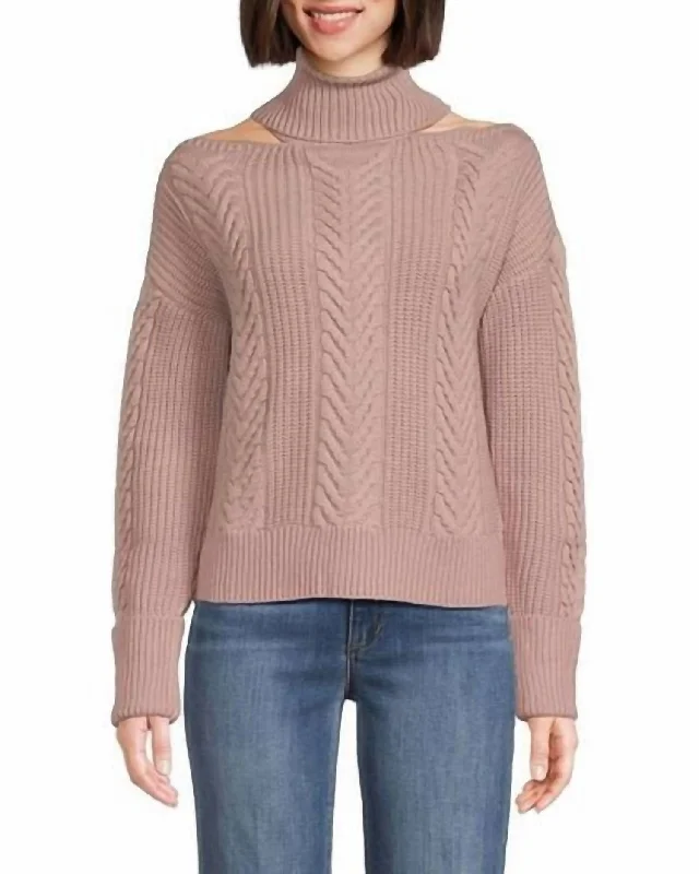 Women's Textured Floral Pullovers-Lorilee Cold Shoulder Turtleneck Wool Sweater In Wild Rose