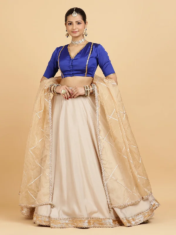 Zainab Begum 4-Pc Lehenga Set x Tyohaar | Oyster Grey Lehenga, Cobalt Blue Blouse with Sunheri Gold Dupatta and Cancan Skirt