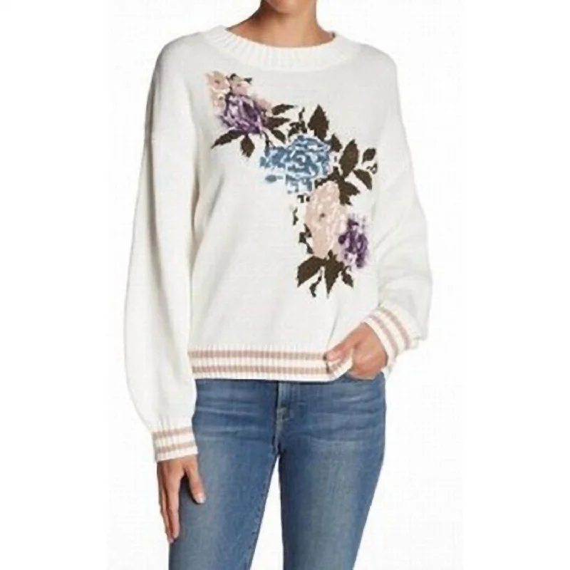 Women's Satin A-Line Pullovers-Floral Crewneck Cotton Sweater In White