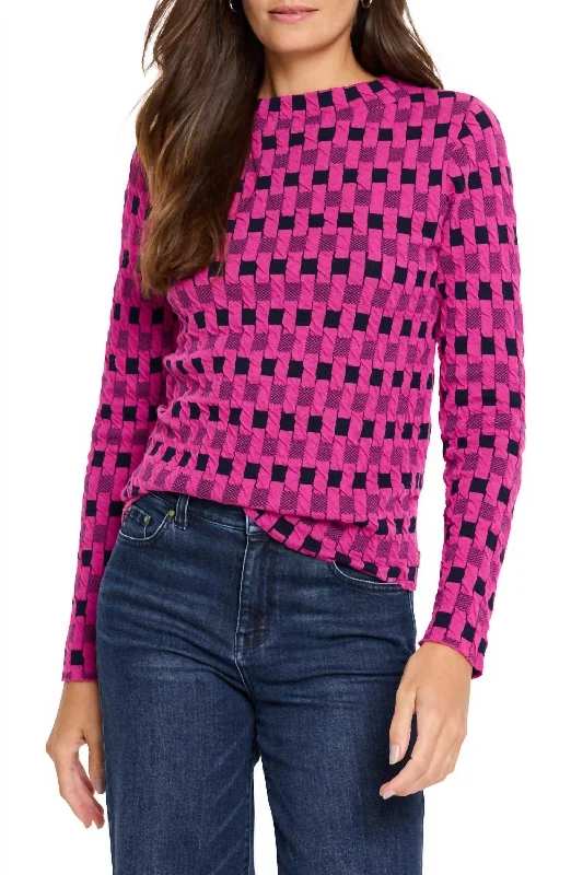 Women's Button-Front Pleated Pullovers-Mini Mock Geo Sweater Tee In Pink Multi