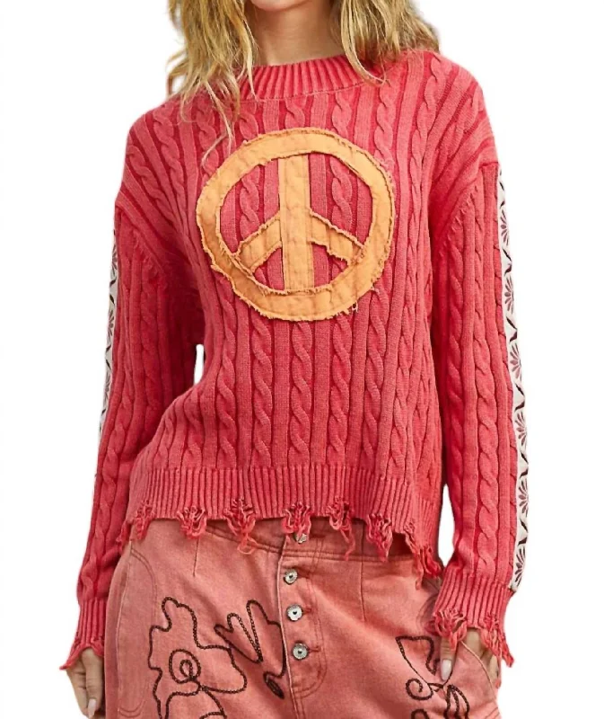 Women's Slit Pleated Pullovers-Stitched Up Peace Sweater In Cherry