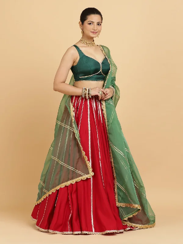 Madhuri Ishika 4-Pc Lehenga Set x Tyohaar | Red Lehenga, Bottle Green Blouse with Panna Emerald Green Dupatta and Cancan Skirt