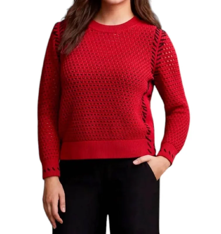 Women's Vacation Pullovers-Open Stitch Crewneck Sweater In Red