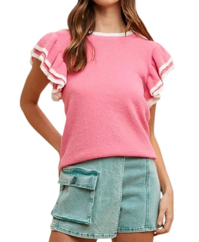 Women's Zip-Up Floral Pullovers-Ruffle Sleeve Sweater Top In Hot Pink