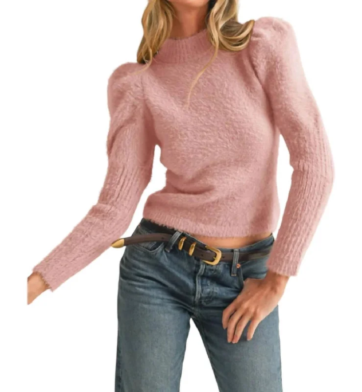 Women's Zip-Up Pleated Pullovers-Mock Neck Puff Shoulder Mohair Sweater In Pink