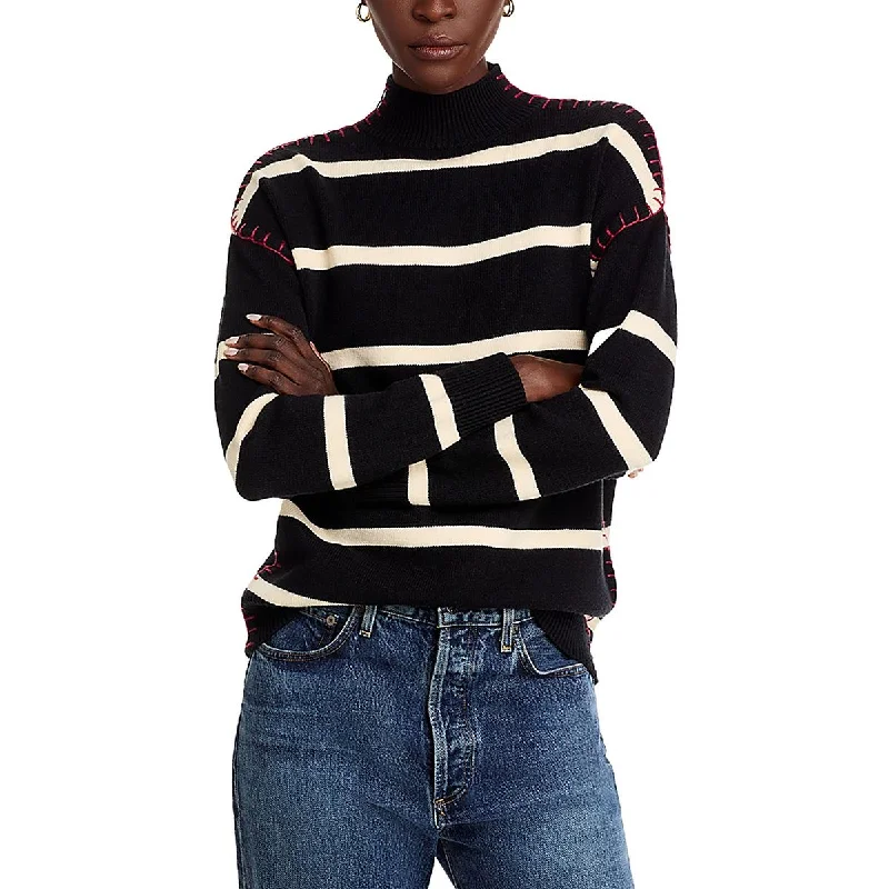 Women's High-Waisted Floral Pullovers-Womens Striped Ribbed Trim Mock Turtleneck Sweater