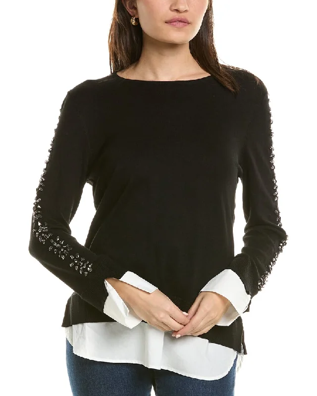 Women's Breathable Pullovers-Jones New York Embellished Twofer Sweater