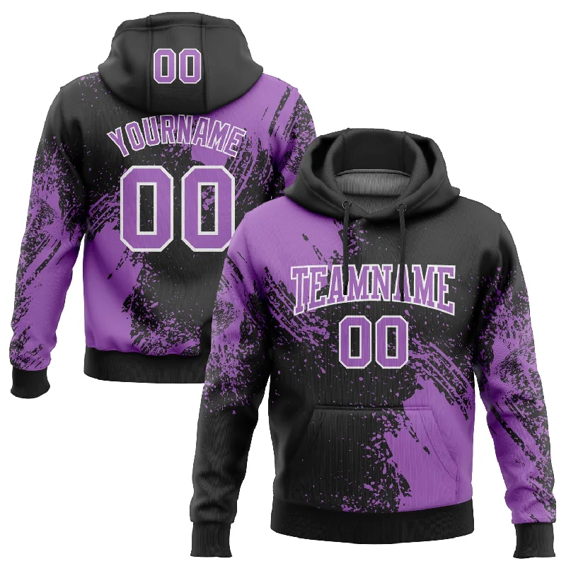 Women's Smocked Hoodies-Custom Stitched Black Medium Purple-White 3D Pattern Design Abstract Brush Stroke Sports Pullover Sweatshirt Hoodie