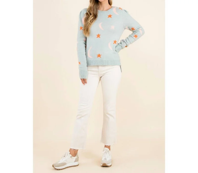 Women's Silk Ruffle Pullovers-Star And Moon Knit Sweater In Light Blue