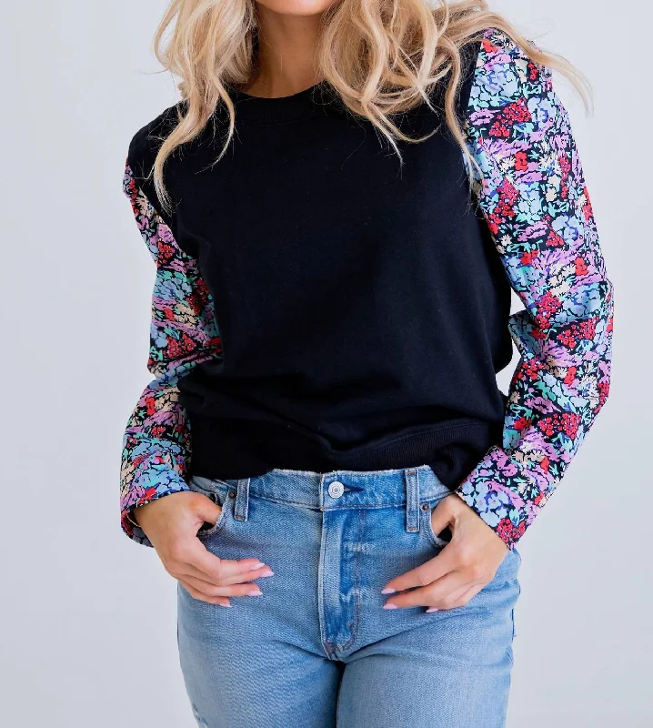 Women's Glitter Pencil Pullovers-Floral Poplin Sweatshirt In Black