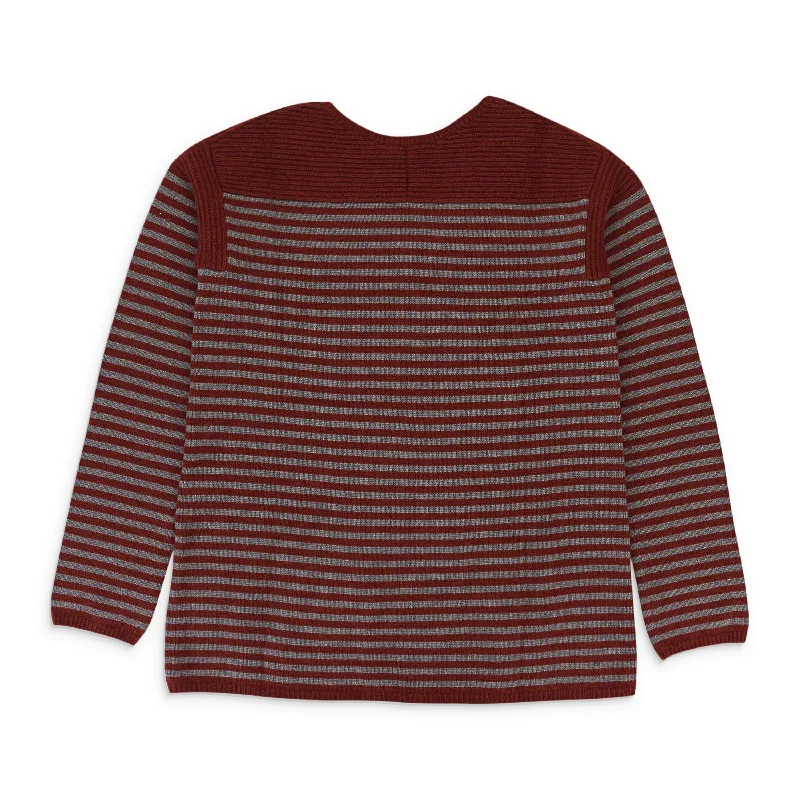 Women's Zip-Up Ruffle Pullovers-CASHMERE STRIPED BURGUNDY GRAY SWEATER